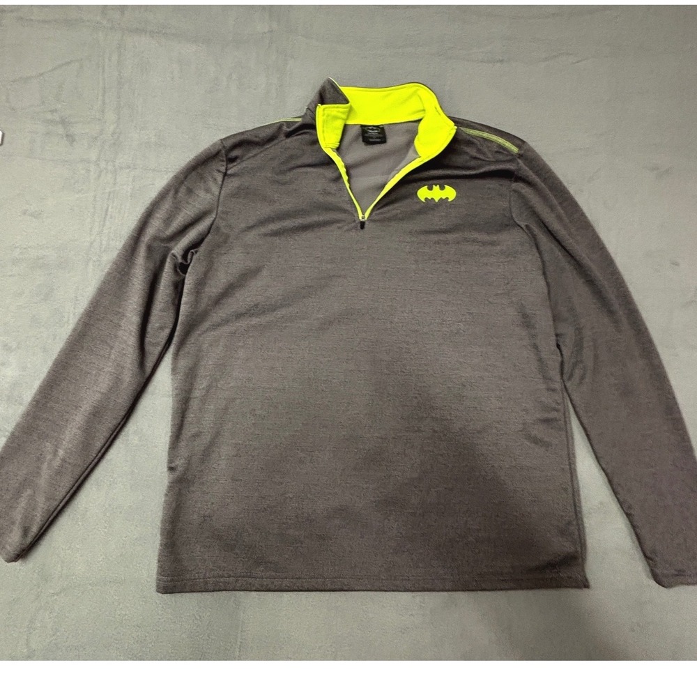 Batman DC Comics Youth Large Gray Neon Green 1/4 Zip Fleece Pullover Jacket L - Picture 2 of 12
